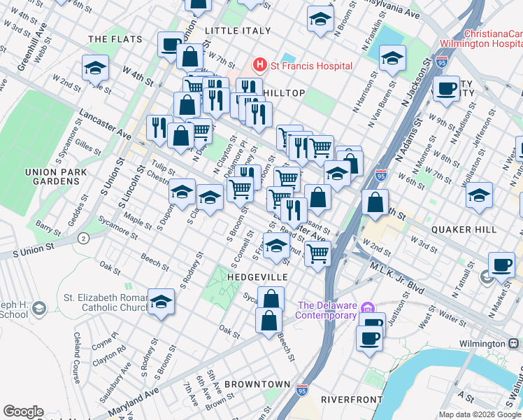 map of restaurants, bars, coffee shops, grocery stores, and more near 104 North Broom Street in Wilmington
