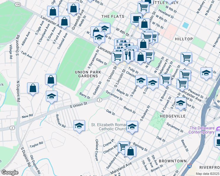 map of restaurants, bars, coffee shops, grocery stores, and more near 1915 Maple Street in Wilmington
