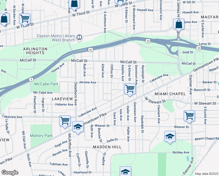 map of restaurants, bars, coffee shops, grocery stores, and more near 603 Clifton Drive in Dayton