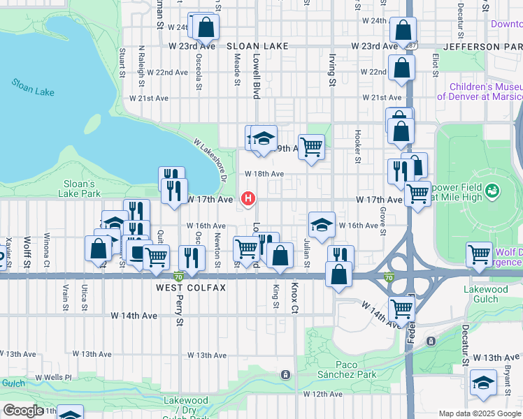 map of restaurants, bars, coffee shops, grocery stores, and more near in Denver
