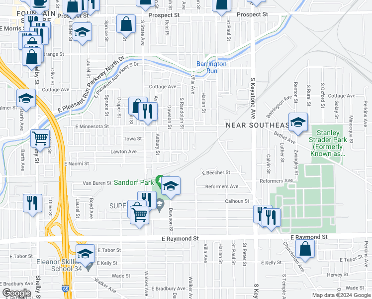 map of restaurants, bars, coffee shops, grocery stores, and more near 1755 South Randolph Street in Indianapolis