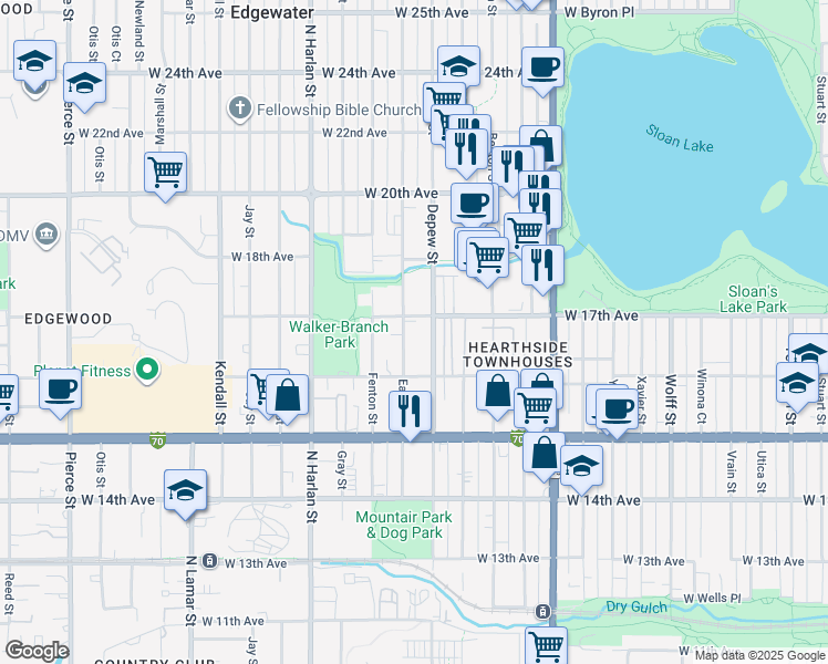 map of restaurants, bars, coffee shops, grocery stores, and more near 1690 Eaton Street in Lakewood