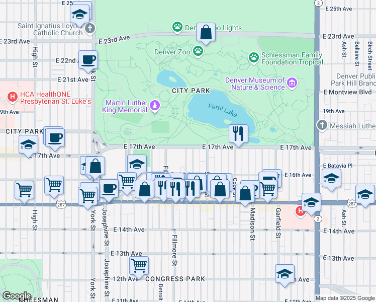 map of restaurants, bars, coffee shops, grocery stores, and more near 3030 East 17th Avenue in Denver