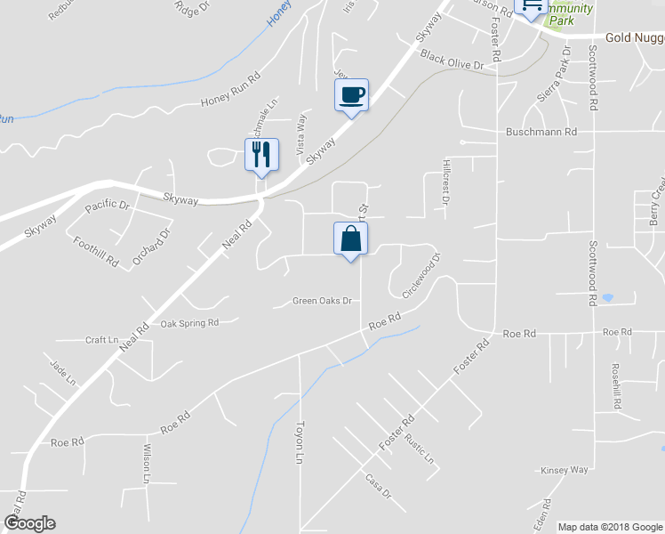 map of restaurants, bars, coffee shops, grocery stores, and more near 458 Circlewood Drive in Paradise