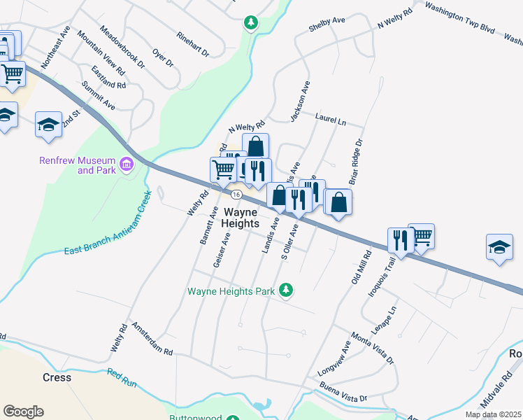 map of restaurants, bars, coffee shops, grocery stores, and more near 1700 East Main Street in Waynesboro
