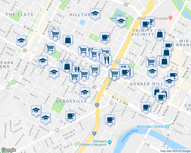 map of restaurants, bars, coffee shops, grocery stores, and more near 209 North Van Buren Street in Wilmington