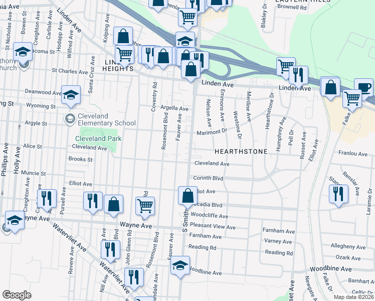 map of restaurants, bars, coffee shops, grocery stores, and more near 1634 South Smithville Road in Dayton