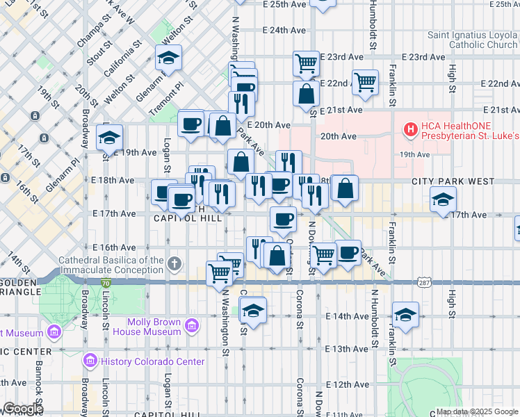 map of restaurants, bars, coffee shops, grocery stores, and more near 837 East 17th Avenue in Denver