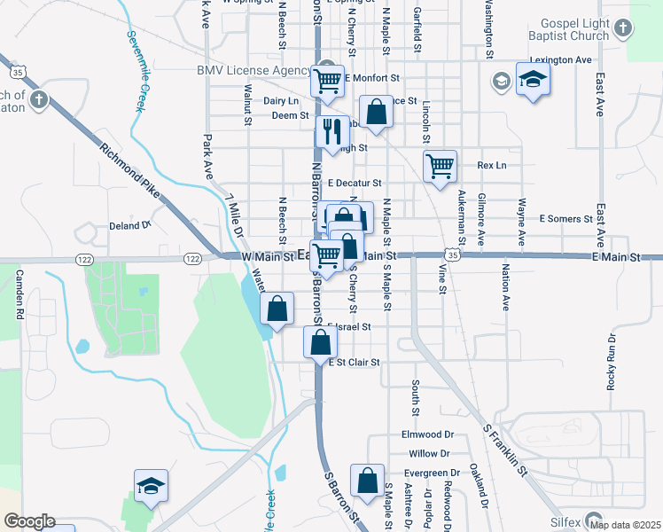 map of restaurants, bars, coffee shops, grocery stores, and more near 101 East Main Street in Eaton