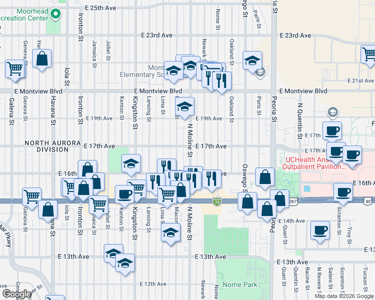 map of restaurants, bars, coffee shops, grocery stores, and more near 1701 Moline Street in Aurora