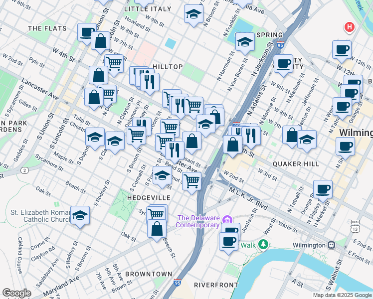 map of restaurants, bars, coffee shops, grocery stores, and more near 217 North Harrison Street in Wilmington