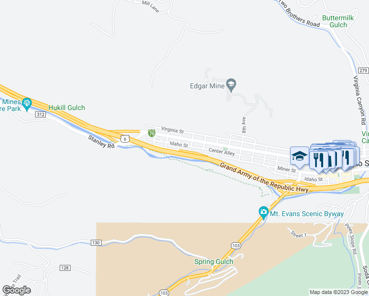 map of restaurants, bars, coffee shops, grocery stores, and more near 345 Idaho Street in Idaho Springs