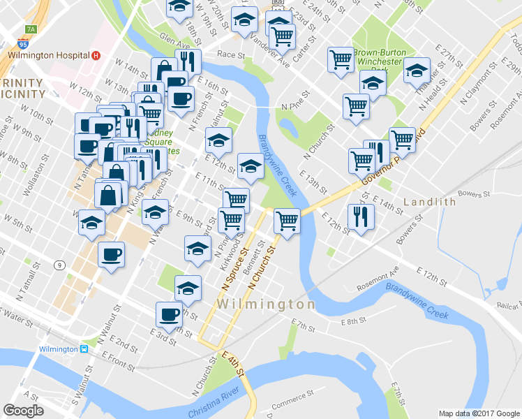 map of restaurants, bars, coffee shops, grocery stores, and more near 651 East 11th Street in Wilmington