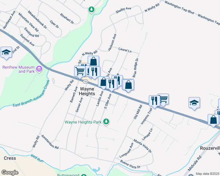 map of restaurants, bars, coffee shops, grocery stores, and more near 1819 East Main Street in Waynesboro