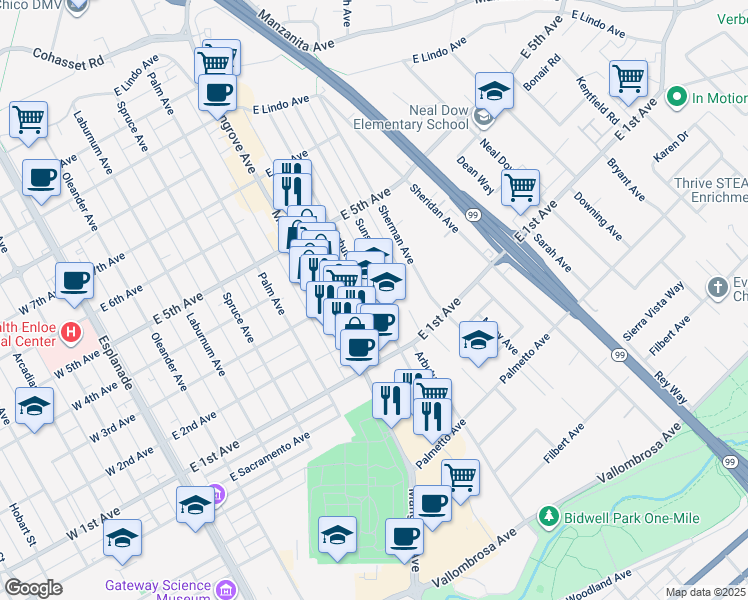 map of restaurants, bars, coffee shops, grocery stores, and more near 1238 Arbutus Avenue in Chico