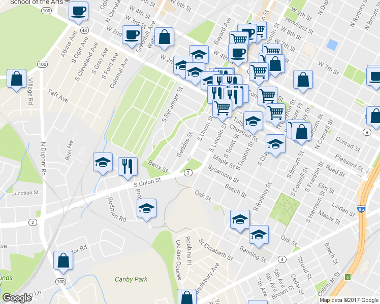 map of restaurants, bars, coffee shops, grocery stores, and more near 447 Delaware 2 in Wilmington