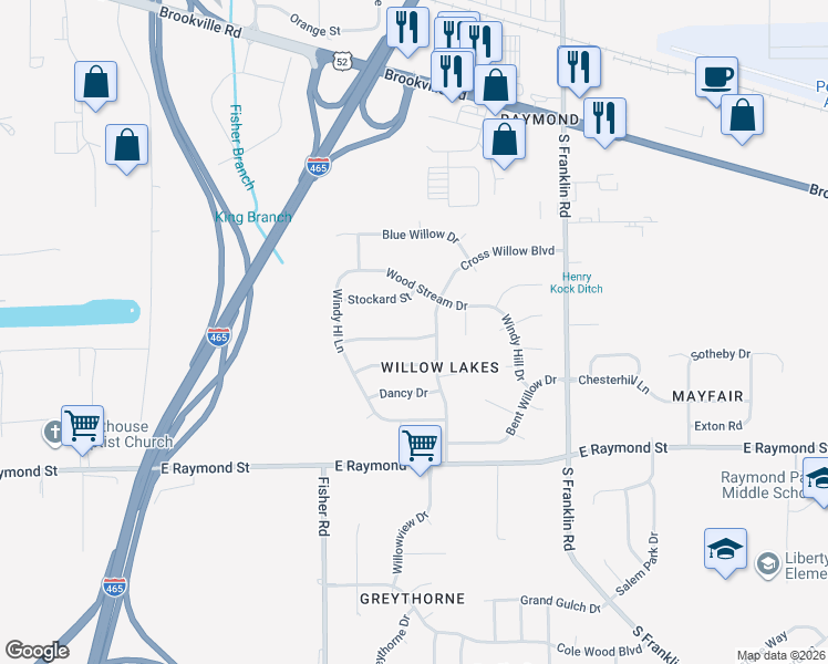 map of restaurants, bars, coffee shops, grocery stores, and more near 7650 Scatter Woods Lane in Indianapolis