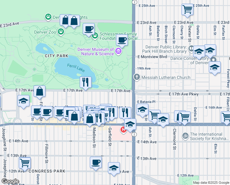 map of restaurants, bars, coffee shops, grocery stores, and more near 1681 Jackson Street in Denver
