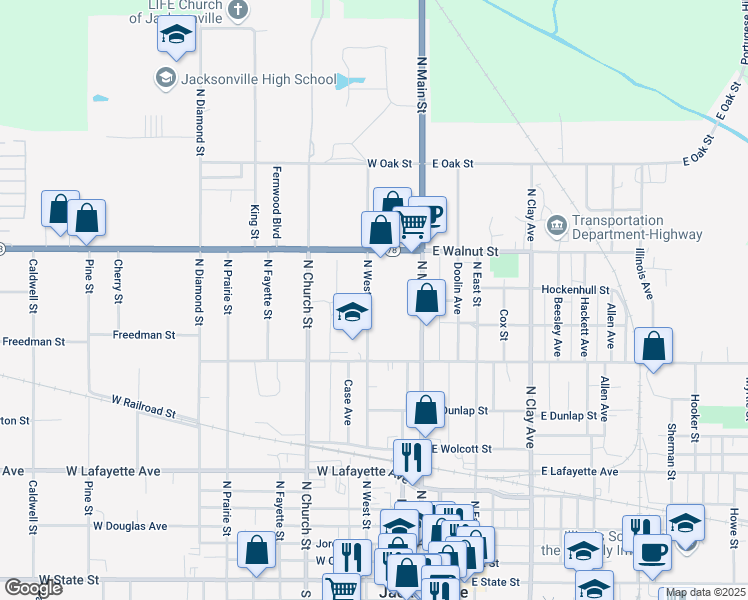 map of restaurants, bars, coffee shops, grocery stores, and more near 900 North West Street in Jacksonville