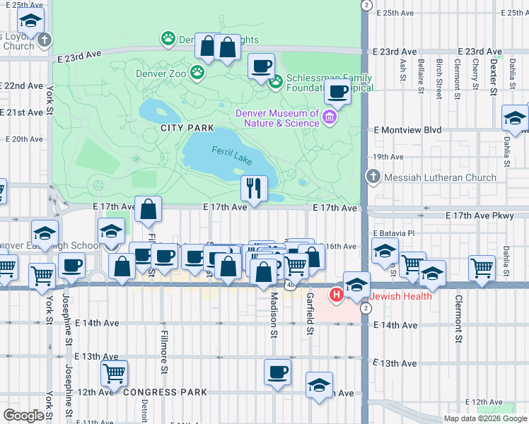 map of restaurants, bars, coffee shops, grocery stores, and more near 3400 East 17th Avenue in Denver
