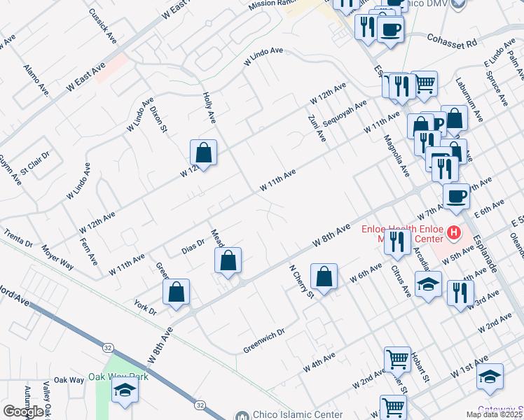 map of restaurants, bars, coffee shops, grocery stores, and more near 16 Dahlia Way in Chico
