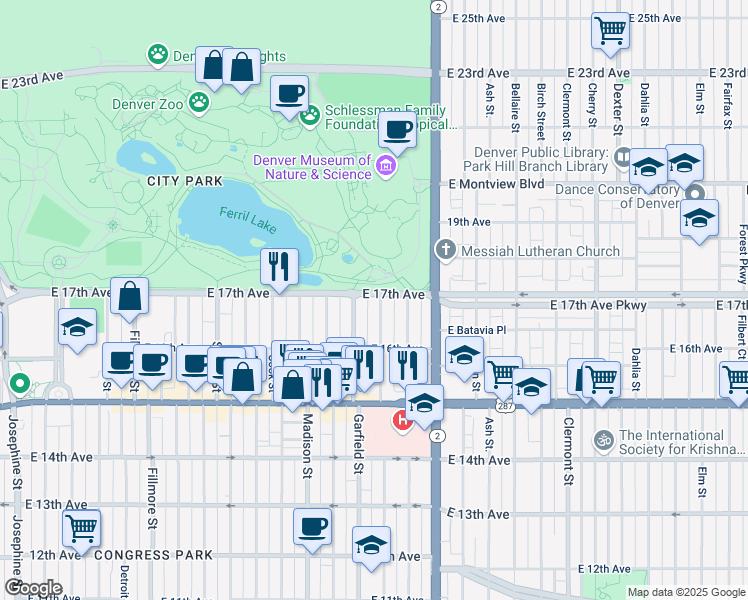 map of restaurants, bars, coffee shops, grocery stores, and more near 1681 Jackson Street in Denver