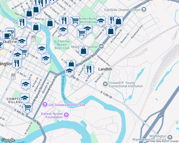map of restaurants, bars, coffee shops, grocery stores, and more near 1319 North Claymont Street in Wilmington