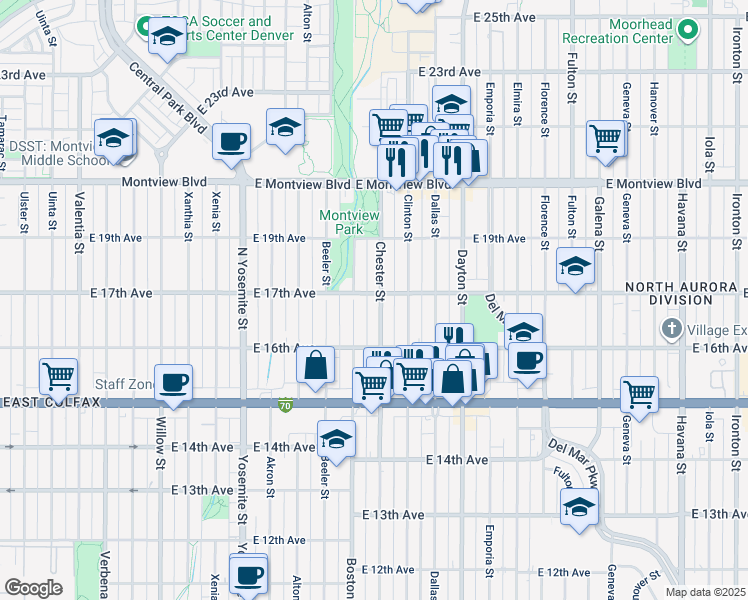 map of restaurants, bars, coffee shops, grocery stores, and more near in Aurora