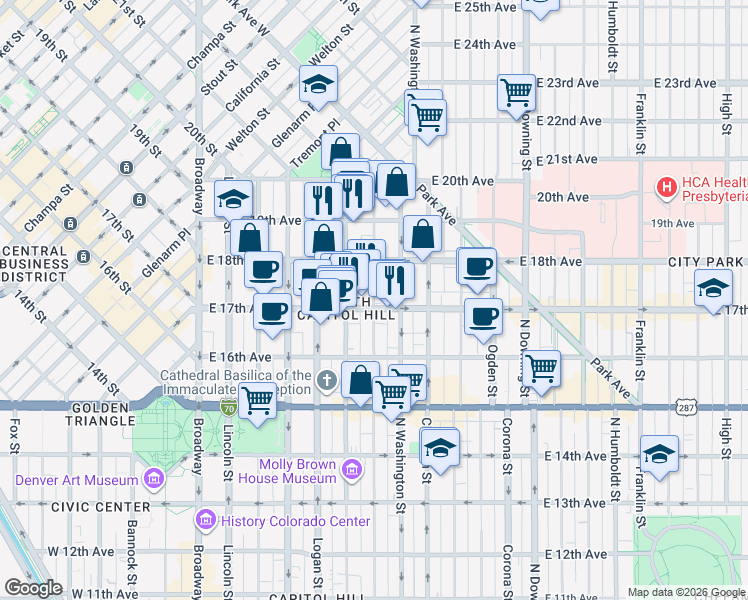 map of restaurants, bars, coffee shops, grocery stores, and more near in Denver