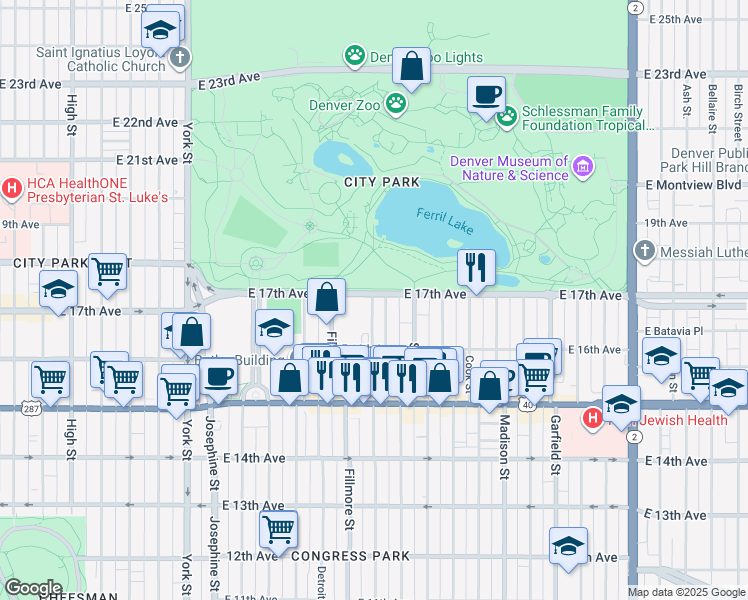 map of restaurants, bars, coffee shops, grocery stores, and more near 3001 East 17th Avenue in Denver