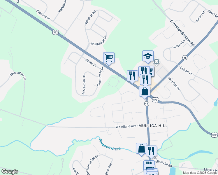 map of restaurants, bars, coffee shops, grocery stores, and more near 103 Cider Press Drive in Mullica Hill