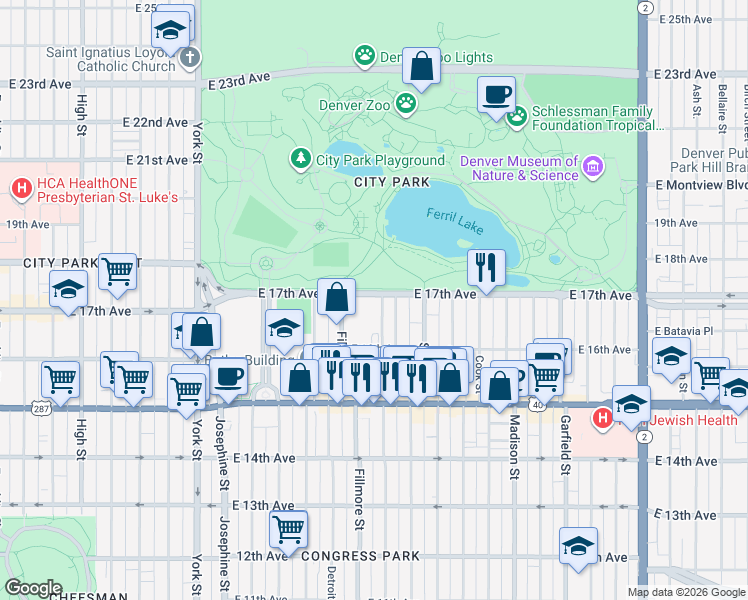 map of restaurants, bars, coffee shops, grocery stores, and more near 3001 East 17th Avenue in Denver
