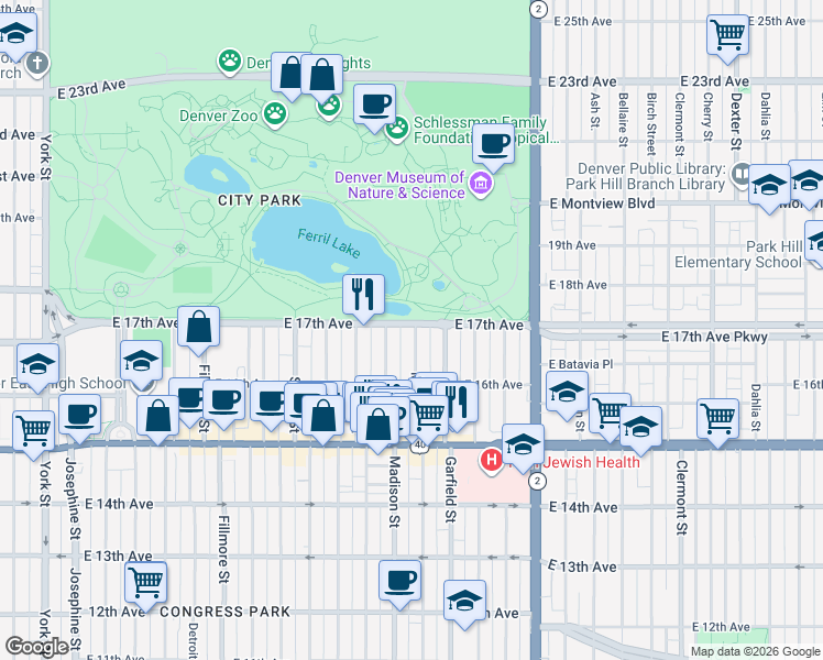 map of restaurants, bars, coffee shops, grocery stores, and more near in Denver