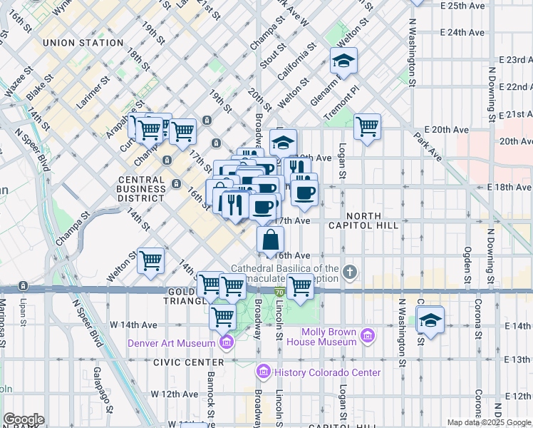 map of restaurants, bars, coffee shops, grocery stores, and more near 1700 Broadway in Denver