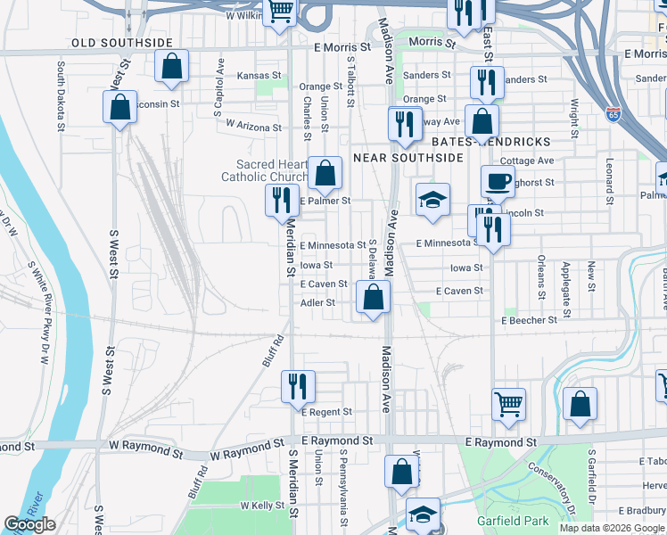 map of restaurants, bars, coffee shops, grocery stores, and more near 1717 Union Street in Indianapolis