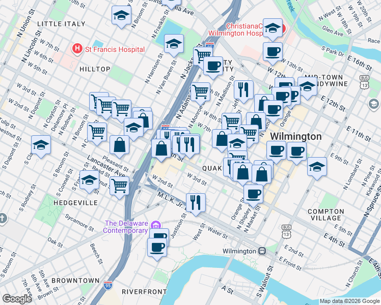 map of restaurants, bars, coffee shops, grocery stores, and more near 422A North Monroe Street in Wilmington