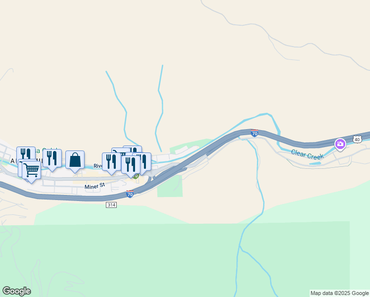 map of restaurants, bars, coffee shops, grocery stores, and more near 3326 Riverside Drive in Idaho Springs