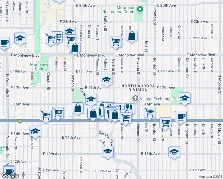 map of restaurants, bars, coffee shops, grocery stores, and more near 1671 Galena Street in Aurora