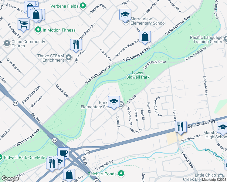 map of restaurants, bars, coffee shops, grocery stores, and more near 1795 Estates Way in Chico