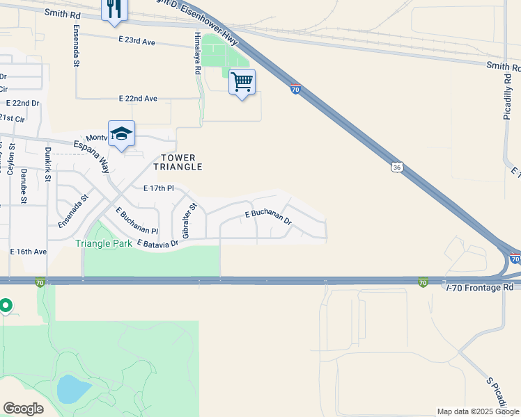 map of restaurants, bars, coffee shops, grocery stores, and more near 20540 East Coolidge Place in Aurora