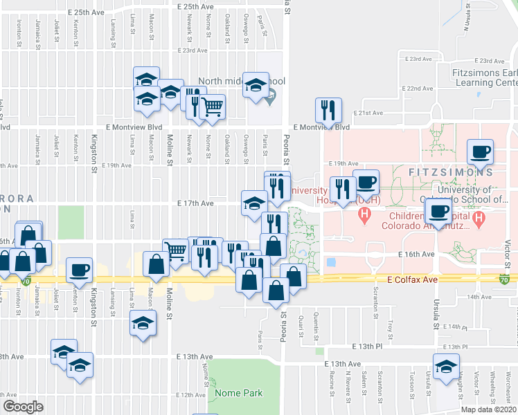 map of restaurants, bars, coffee shops, grocery stores, and more near 1709 Paris Street in Aurora
