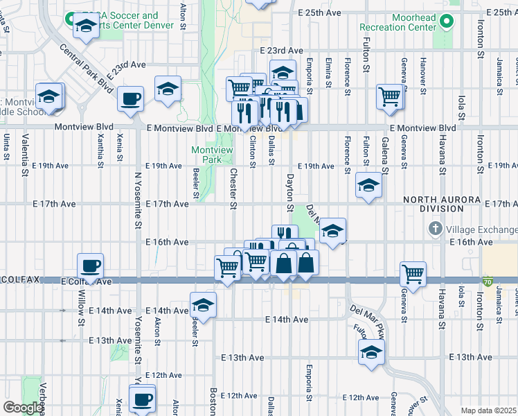 map of restaurants, bars, coffee shops, grocery stores, and more near 1700 Clinton Street in Aurora