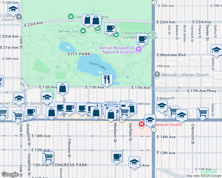 map of restaurants, bars, coffee shops, grocery stores, and more near 3400 East 17th Avenue in Denver