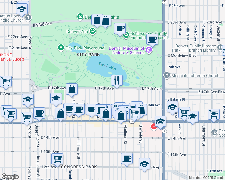 map of restaurants, bars, coffee shops, grocery stores, and more near 3400 East 17th Avenue in Denver