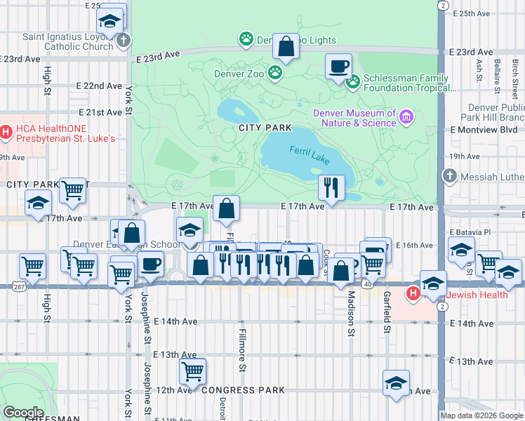 map of restaurants, bars, coffee shops, grocery stores, and more near 3030 East 17th Avenue in Denver