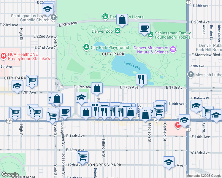 map of restaurants, bars, coffee shops, grocery stores, and more near 3001 East 17th Avenue in Denver