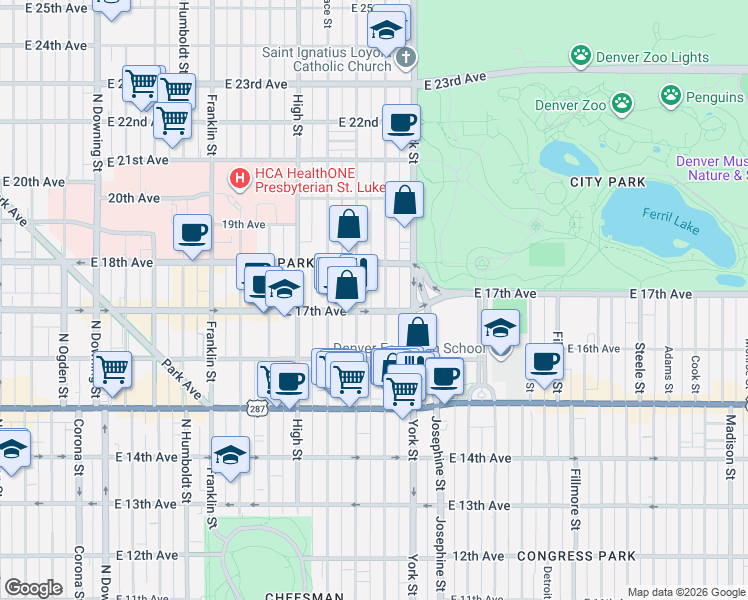 map of restaurants, bars, coffee shops, grocery stores, and more near 1733 North Gaylord Street in Denver