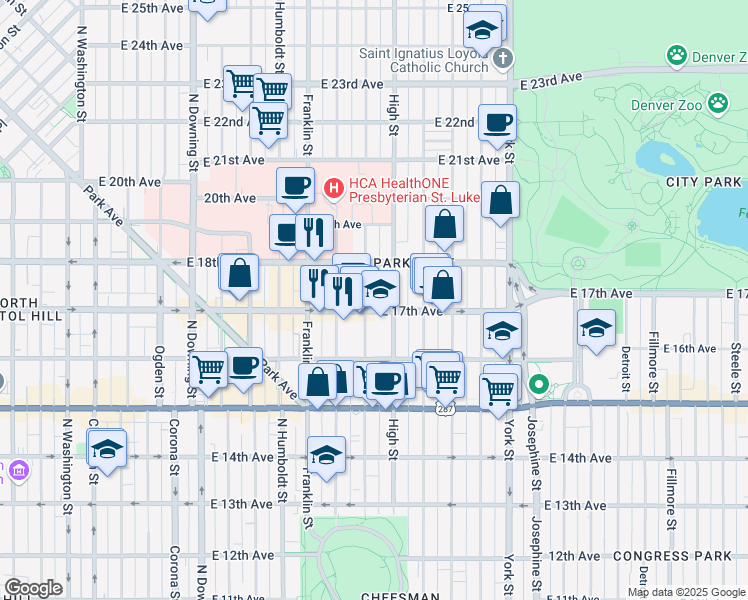 map of restaurants, bars, coffee shops, grocery stores, and more near 1740 North Williams Street in Denver