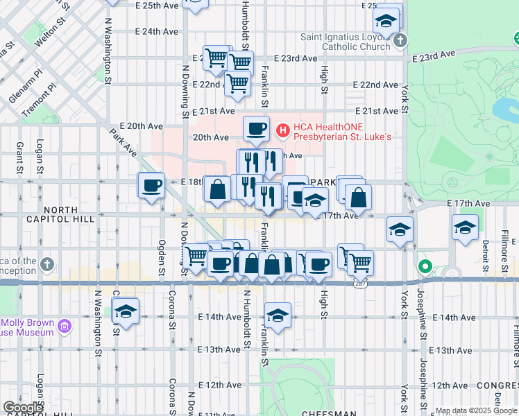 map of restaurants, bars, coffee shops, grocery stores, and more near 1735 Franklin Street in Denver
