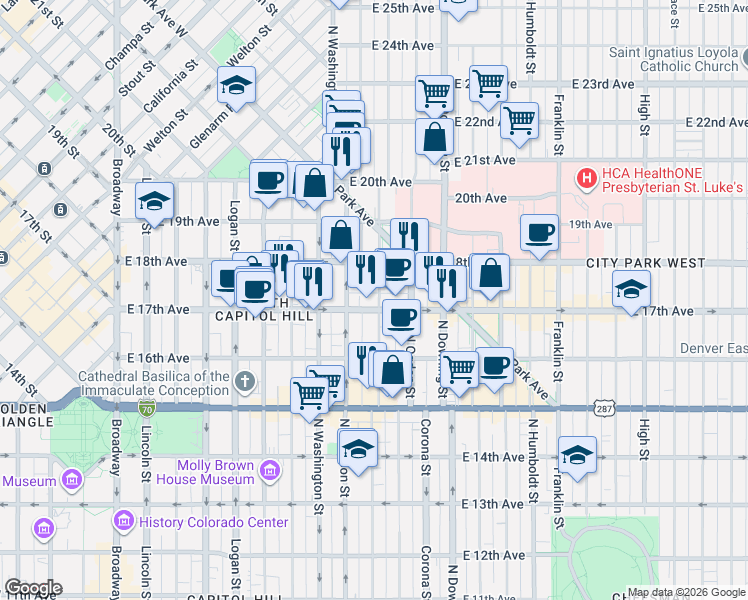 map of restaurants, bars, coffee shops, grocery stores, and more near 1728 Emerson Street in Denver